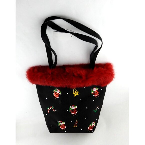 VTG Christmas Holiday Tote Bag Black Red Faux Fur Trim Embroidered Santa Sequin - Picture 2 of 14